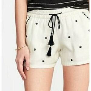 Old Navy Drawstring Linen Blend Shorts White Blue Boho Embroidered Large